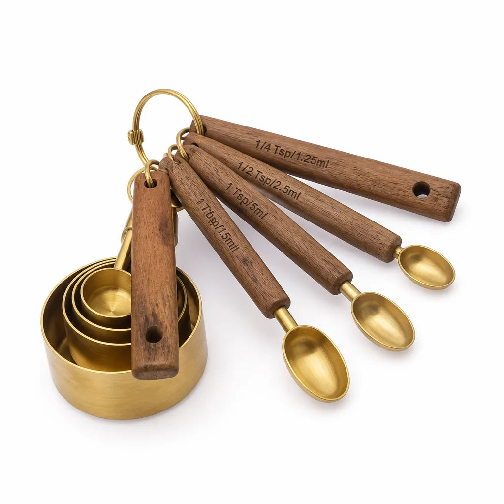 Acacia Wood Gold-Finish Stainless Steel Measuring Cups And Spoons