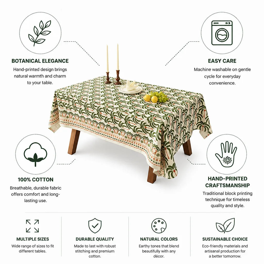 Dining Tablecloth Hand-Printed Botanical Linen-Look Cotton