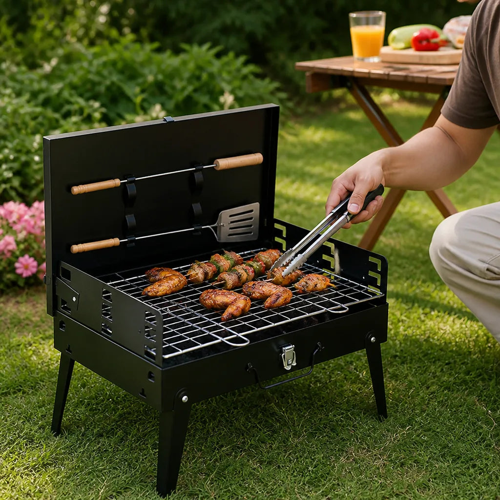 Foldable Powder-Coated Steel Garden Grill with Stainless Steel Grate