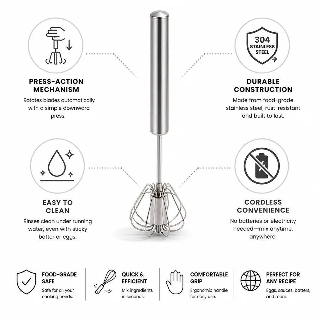 Handheld Whisk Press-Action Cordless Stainless Steel