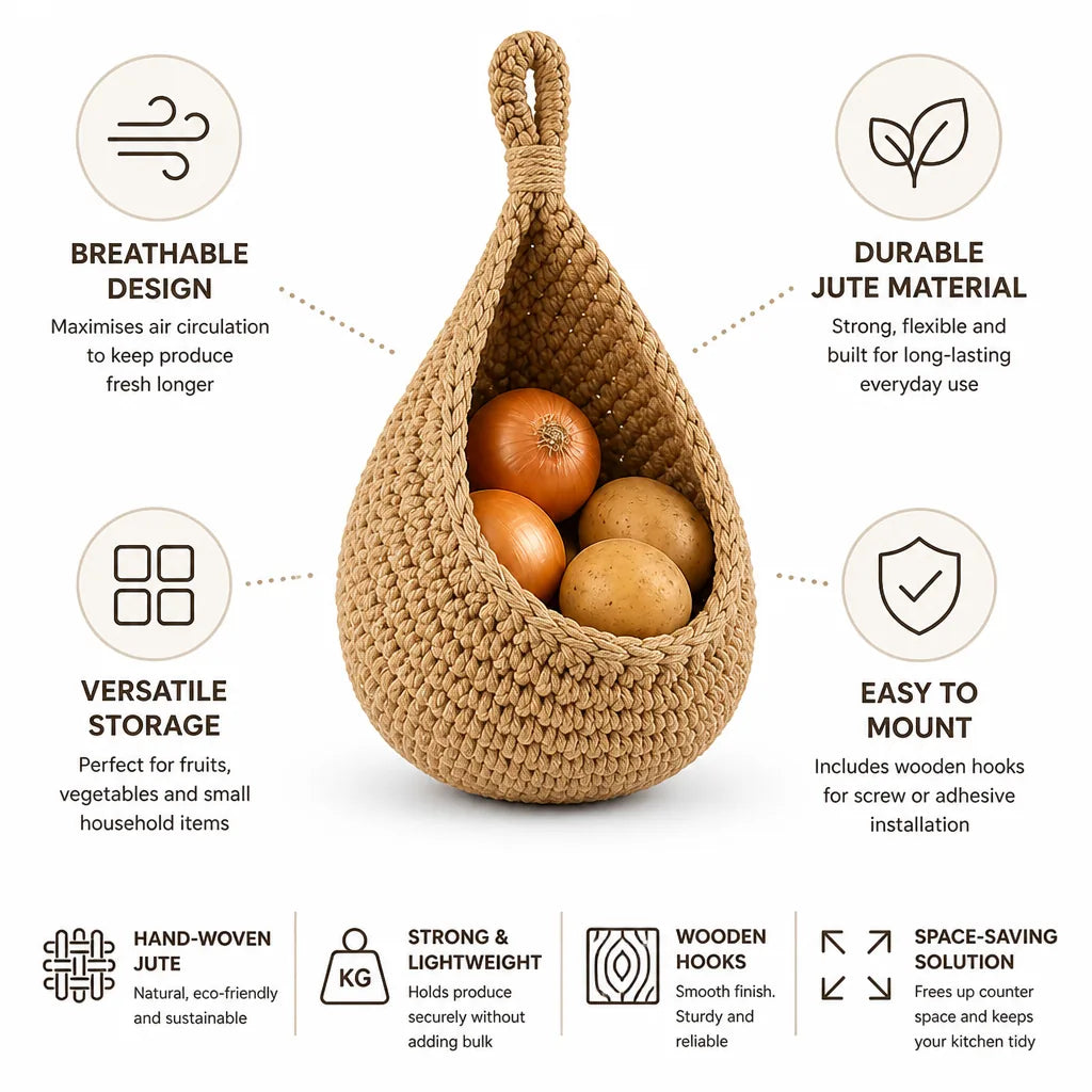Hanging Produce Basket Breathable Jute Wooden Hooks Prolongs Freshness