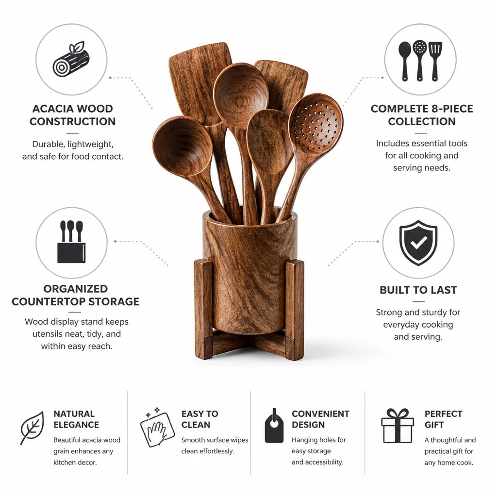 Kitchen Utensil Set Acacia Wood 8-Piece With Display Stand
