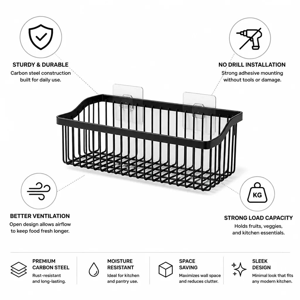 Kitchen Wall Basket No Drill Adhesive Carbon Steel