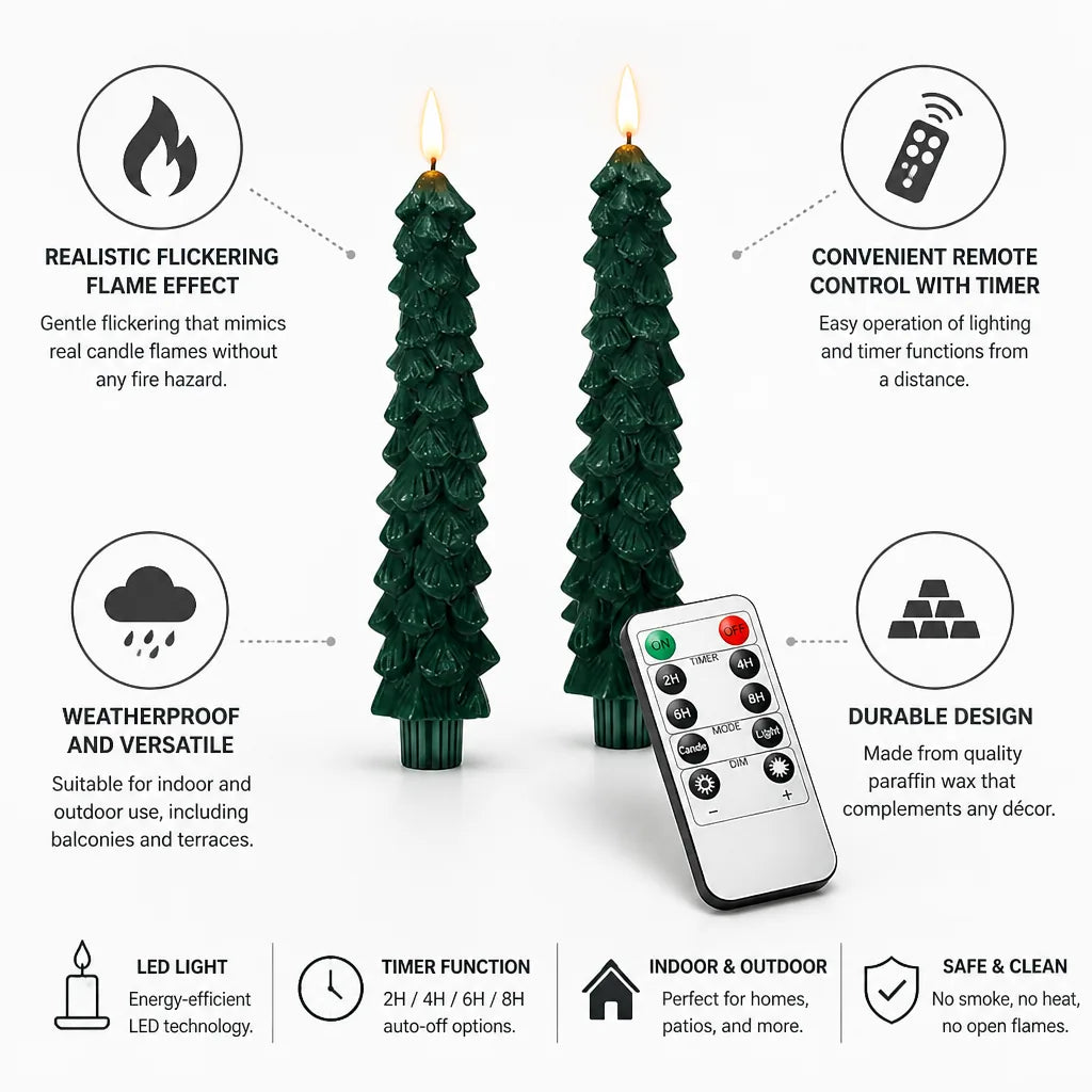 LED Christmas Candle Fir Tree Flickering Flame Remote Timer