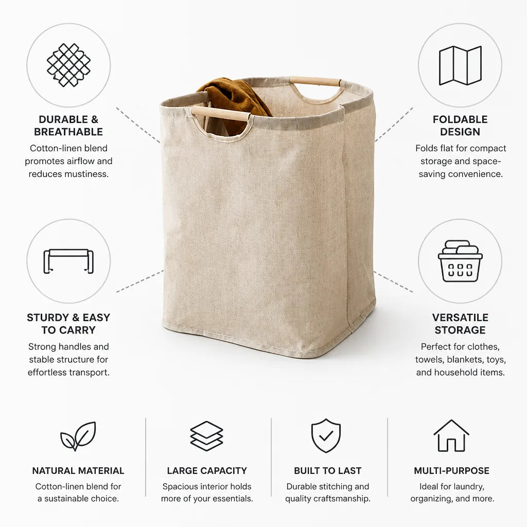 Laundry Basket Foldable Cotton-Linen Space-Saving
