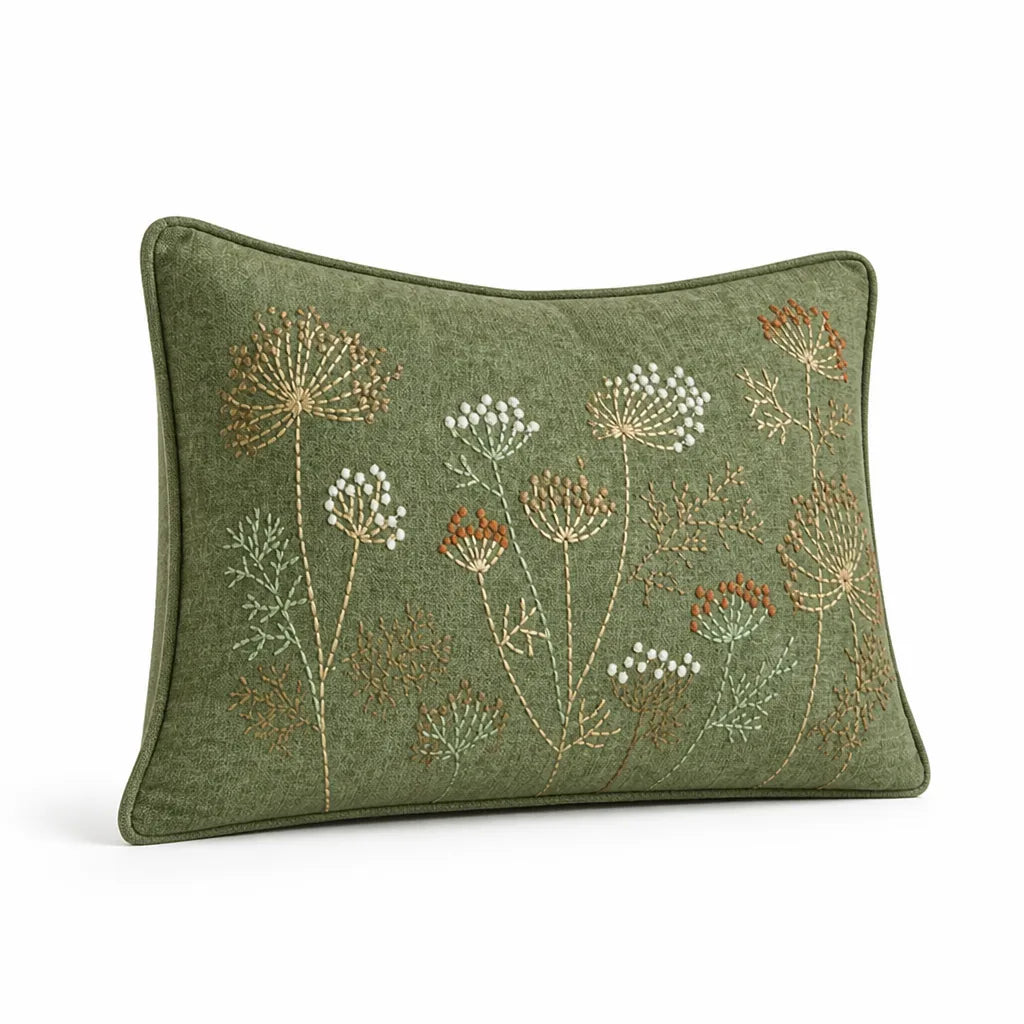 Linen Blend Botanical Embroidery Hidden Zipper Accent Pillow Cover