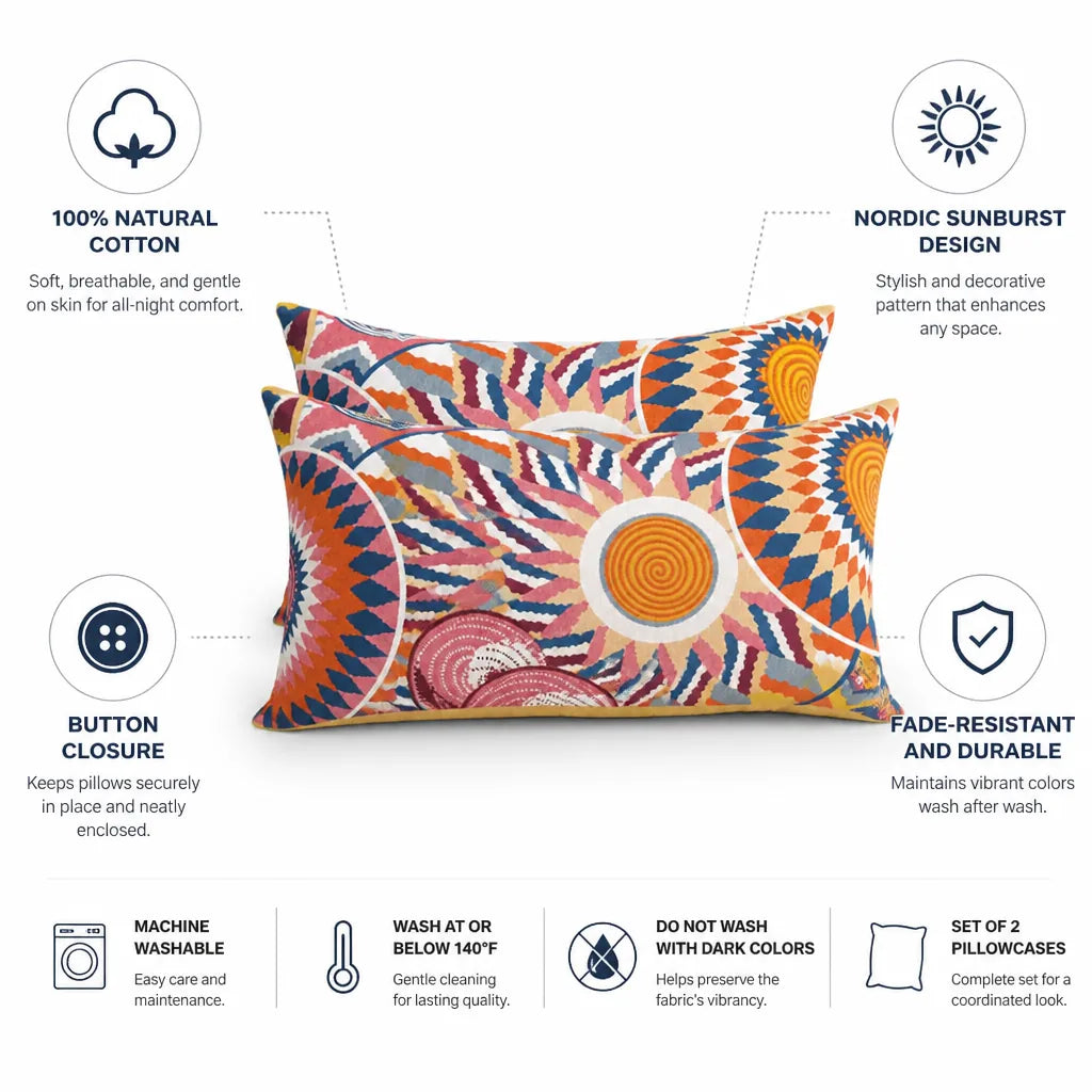 Pillowcases Nordic Sunburst Cotton Button Closure Set of 2