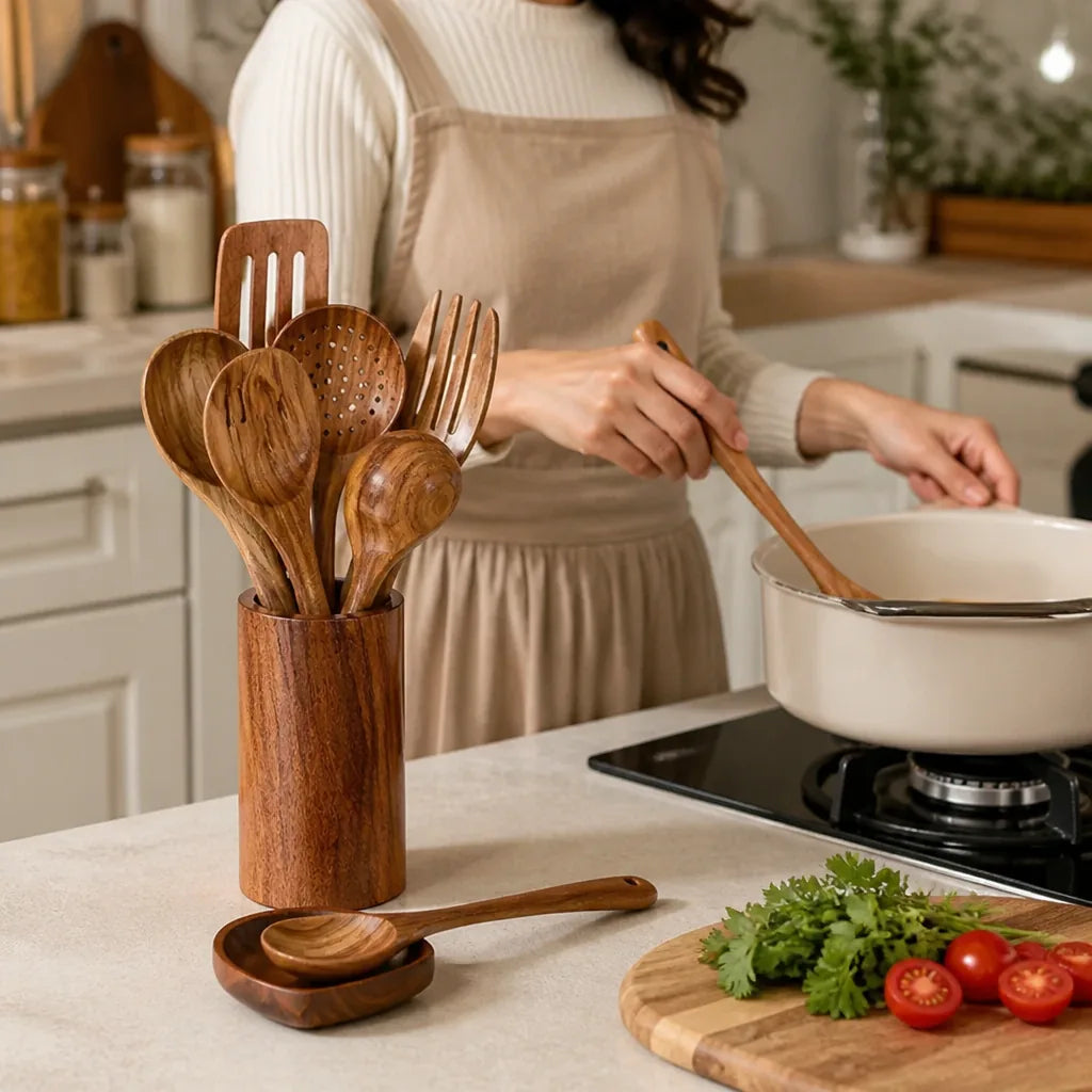 Solid Teak Wood Holder And Spoon Rest Kitchen Utensils (9-Piece)