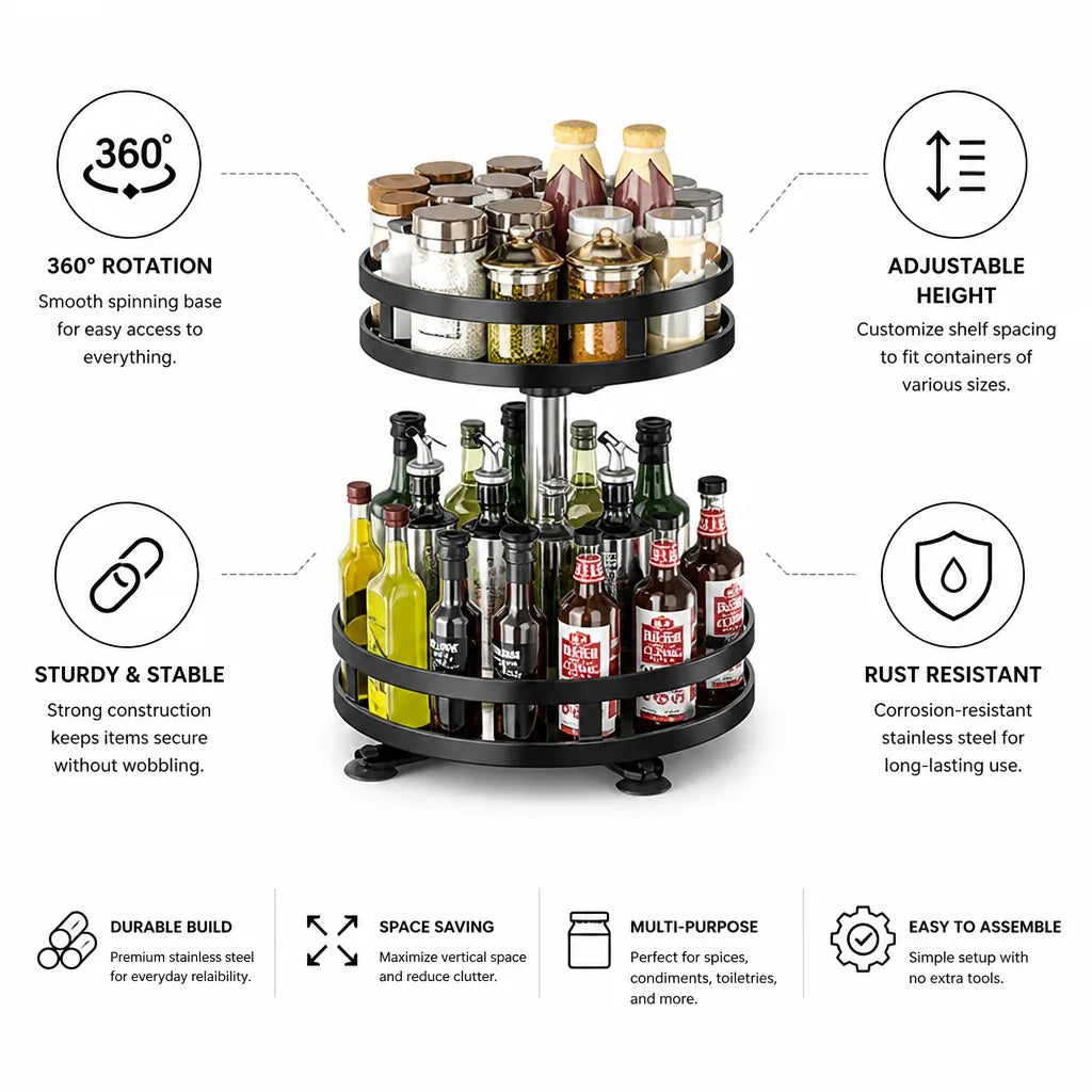 Spice Rack Organizer 360 Degree Rotating Height-Adjustable Shelves