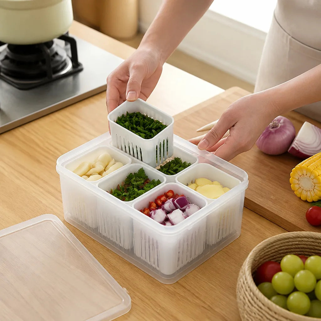 Stackable Refrigerator Organizer with Drainage Insert (6-Compartment)