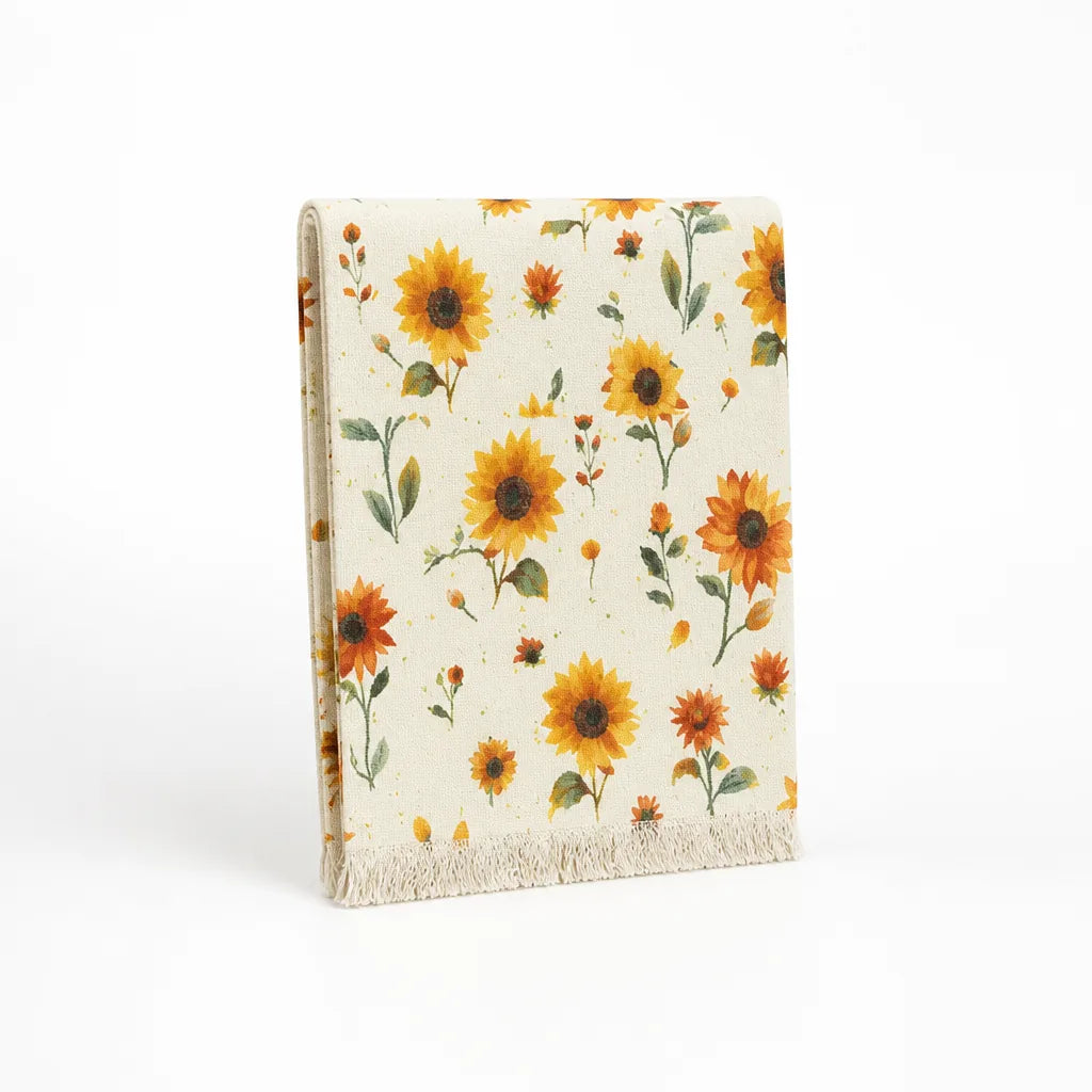 Table Runner Woven Cotton Blend Floral Embroidery Fringed Edges