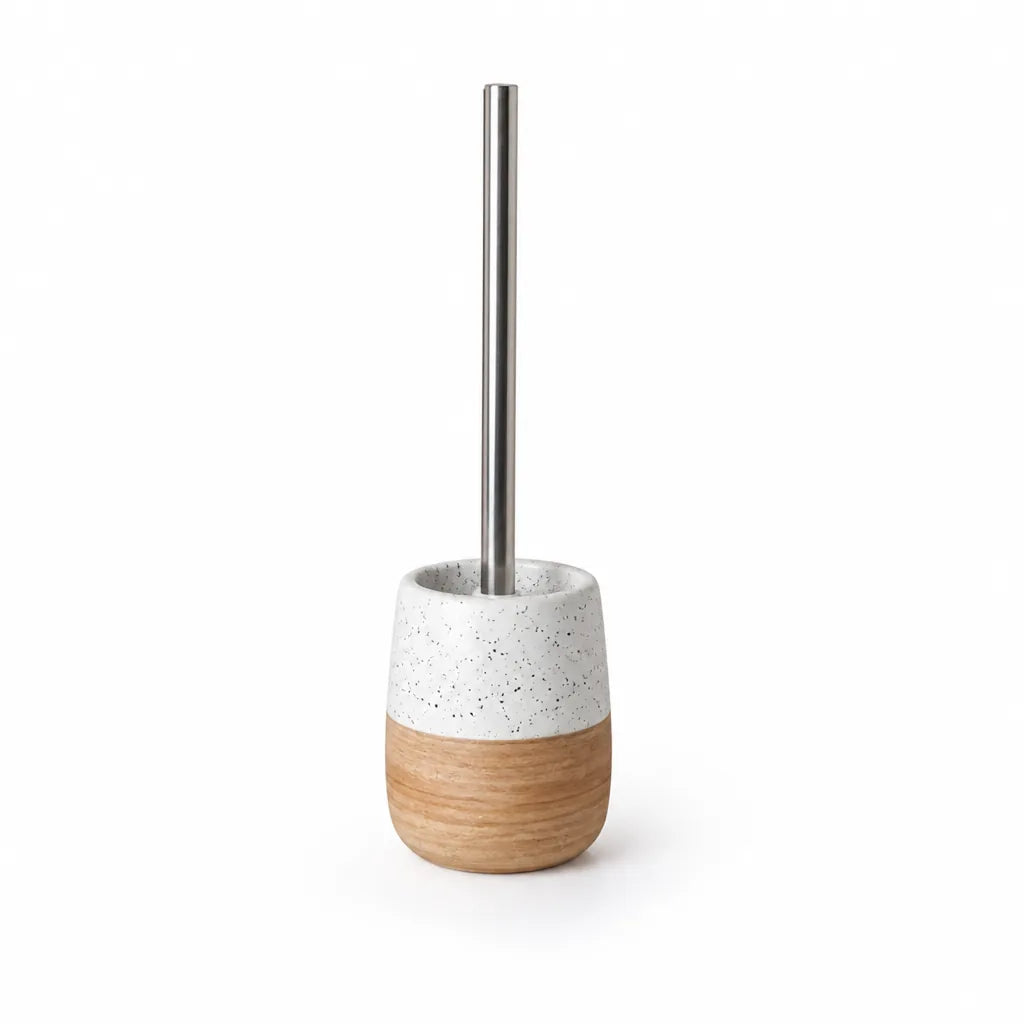 Toilet Brush & Holder Ceramic Wood-Like Base Stainless Steel