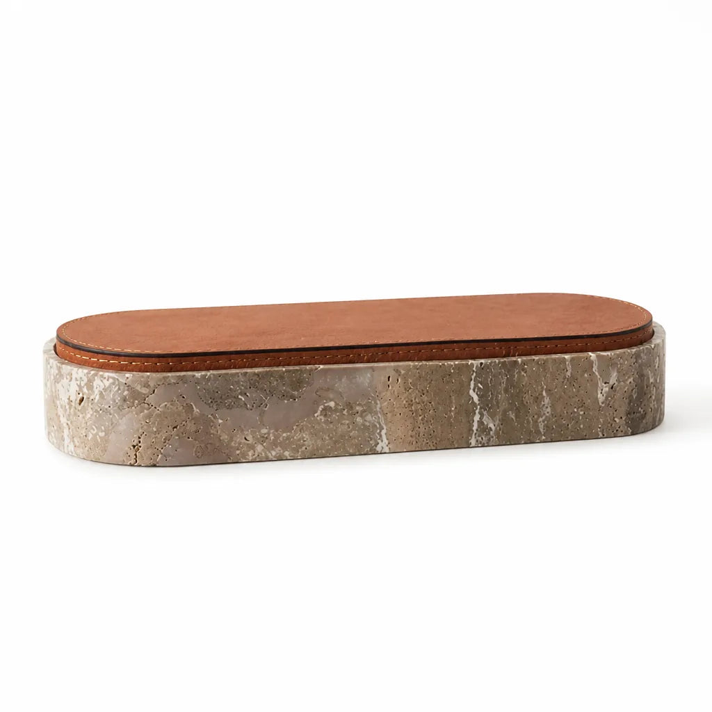 Travertine Stone And PU Leather Lid Jewelry Storage Box