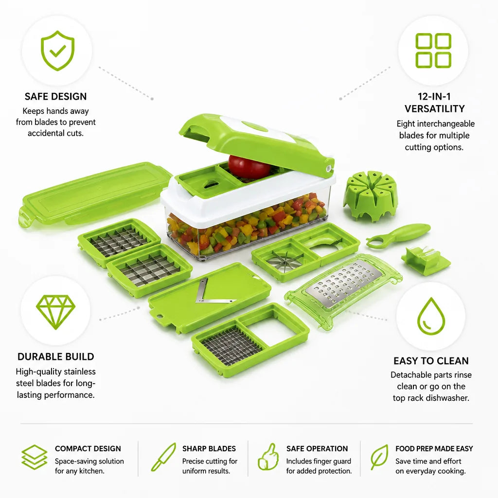 Vegetable Chopper 12-in-1 Stainless Steel Blades Safe Design