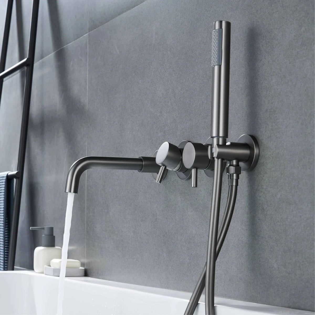 Wall-Mounted Bathtub Faucet Dual-Handle Long-Reach Brass