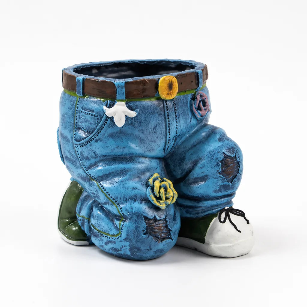 Weatherproof 3D Denim Look Flower Pot (Hand-Painted Seams & Belt Detail)