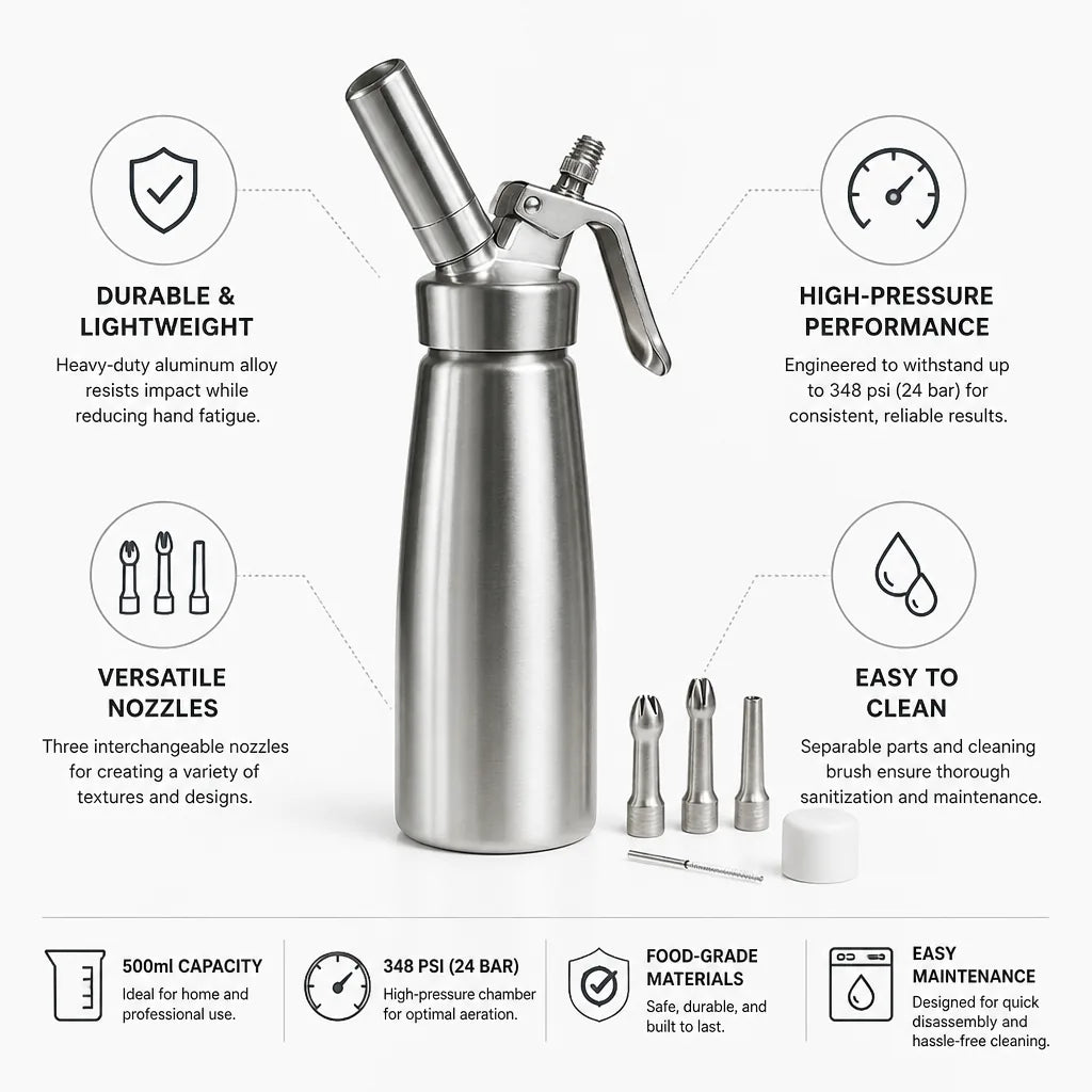 Whipped Cream Dispenser Aluminum 500ml Interchangeable Nozzles