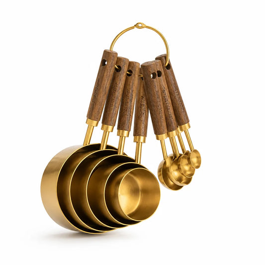 Acacia Wood Gold-Finish Stainless Steel Measuring Cups And Spoons