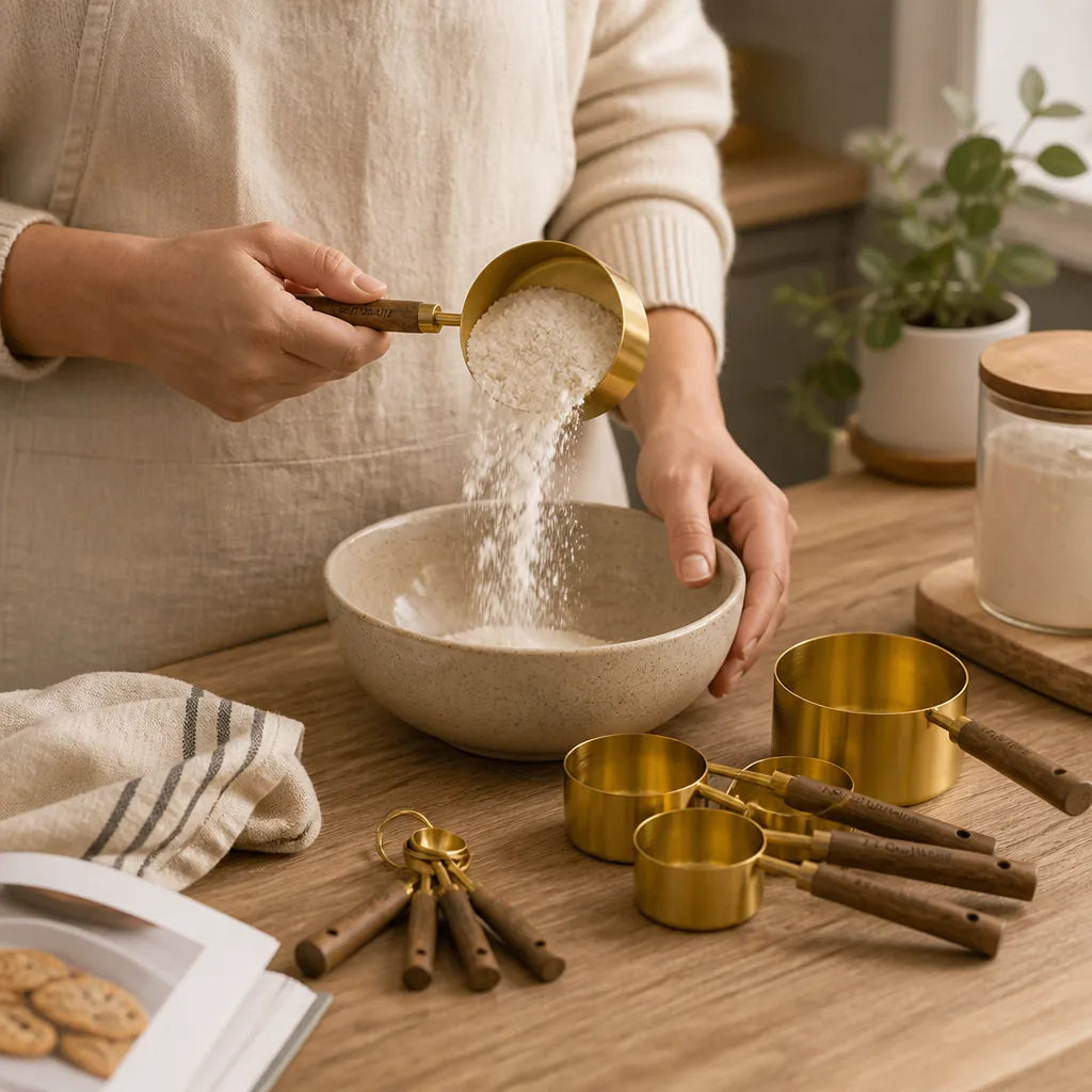 Acacia Wood Gold-Finish Stainless Steel Measuring Cups And Spoons