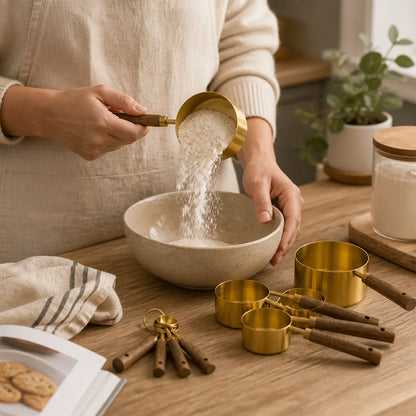 Acacia Wood Gold-Finish Stainless Steel Measuring Cups And Spoons
