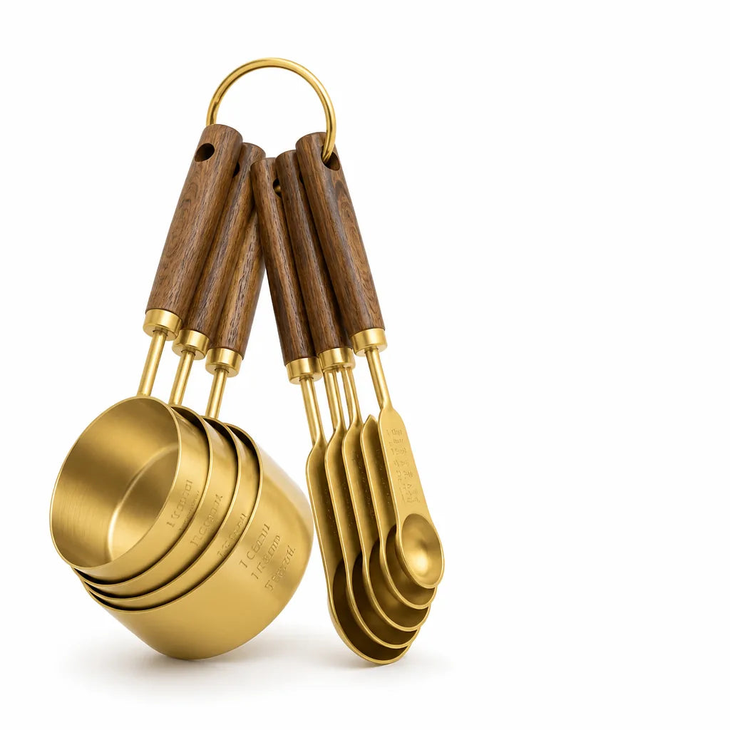 Acacia Wood Gold-Finish Stainless Steel Measuring Cups And Spoons