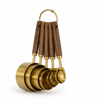 Acacia Wood Gold-Finish Stainless Steel Measuring Cups And Spoons