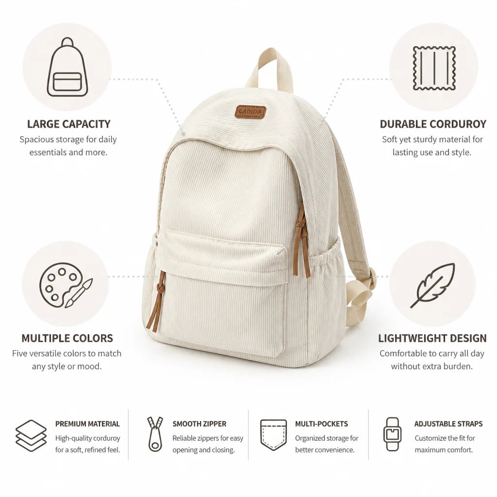 Backpack Large Capacity Corduroy Minimalist Style