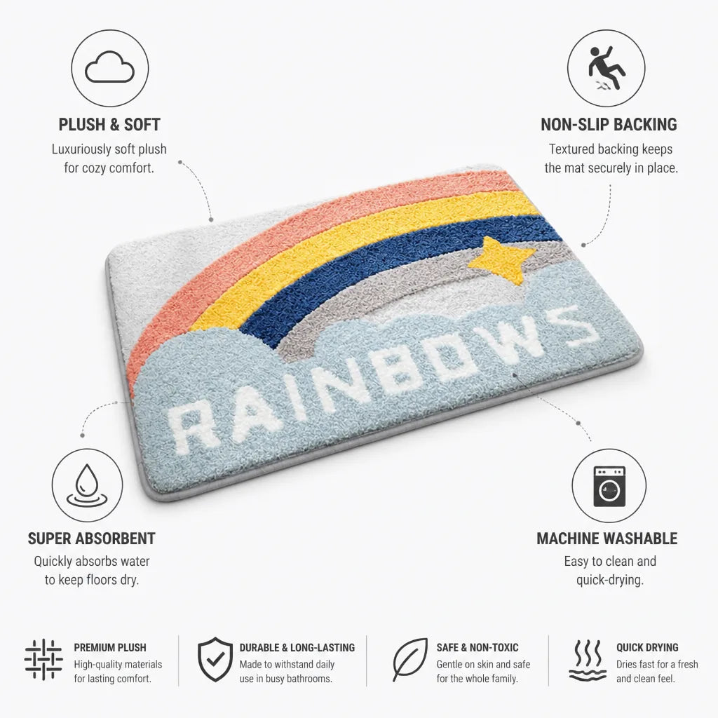 Bath Mat Whimsical Rainbow Plush Non-Slip