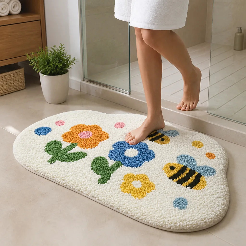 Bathroom Rug Floral Polyester Non-Slip Machine Washable