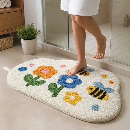 Bathroom Rug Floral Polyester Non-Slip Machine Washable