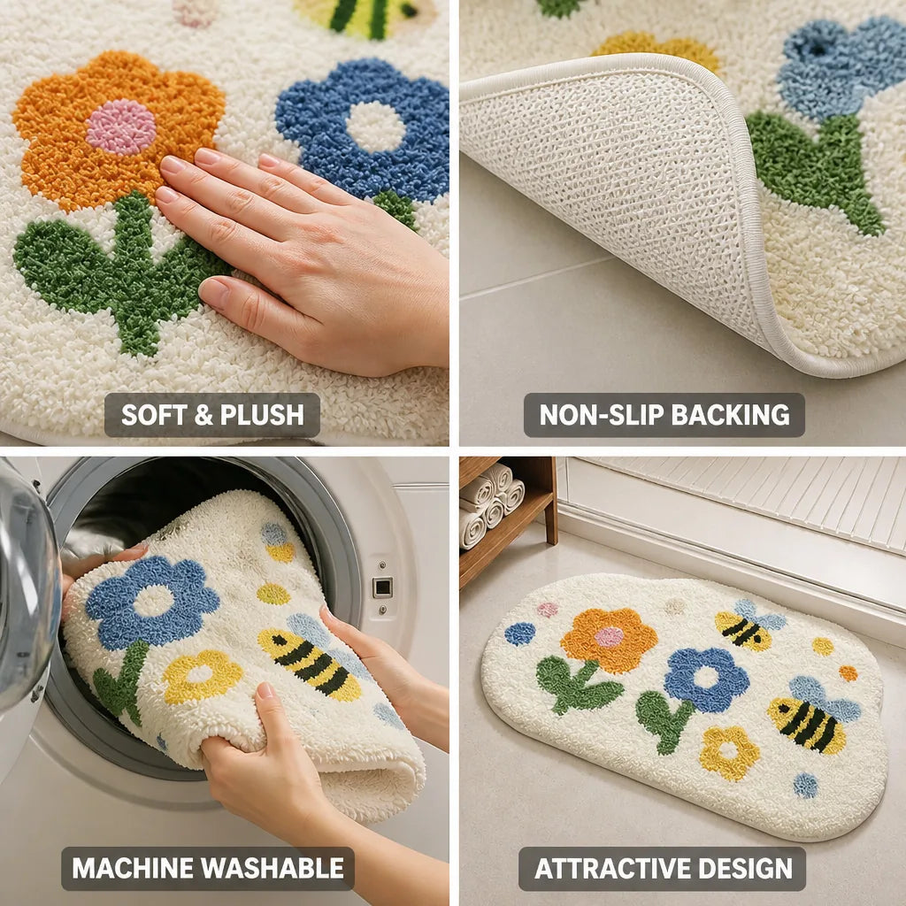 Bathroom Rug Floral Polyester Non-Slip Machine Washable