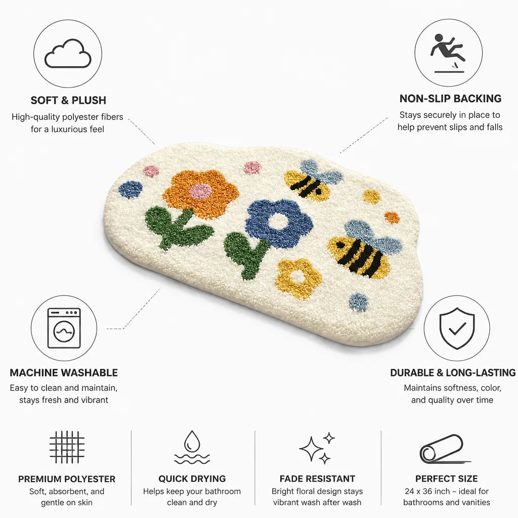 Bathroom Rug Floral Polyester Non-Slip Machine Washable