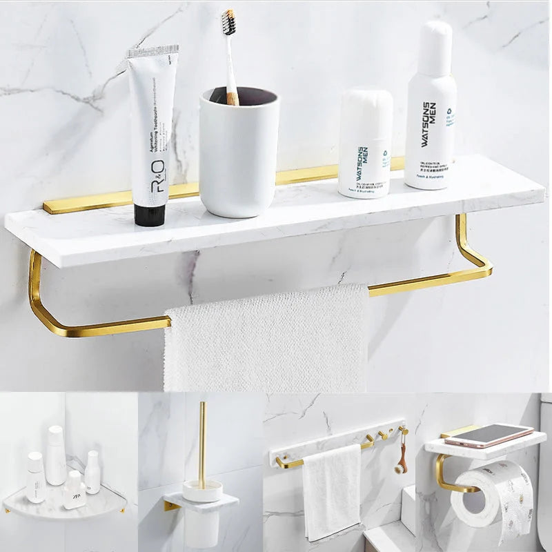 Bathroom Shelf Marble Top Brushed Gold