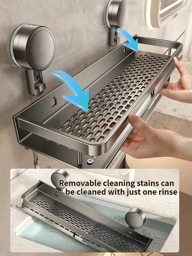 Bathroom Shelf Suction-Cup Aluminum Drain Rack & Hooks