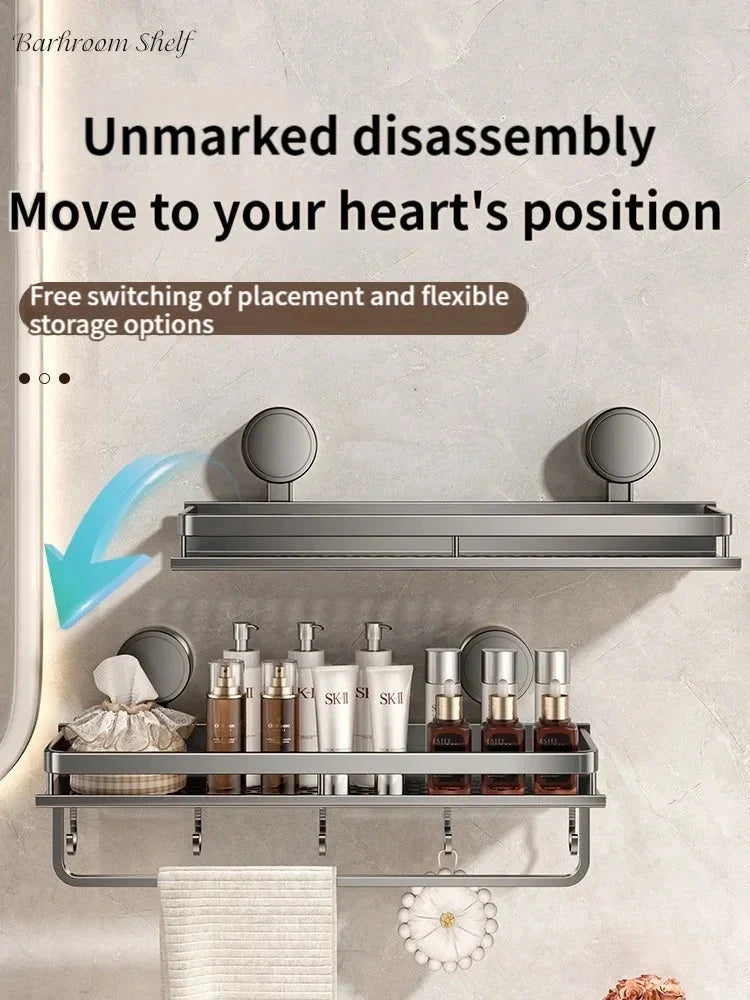 Bathroom Shelf Suction-Cup Aluminum Drain Rack & Hooks