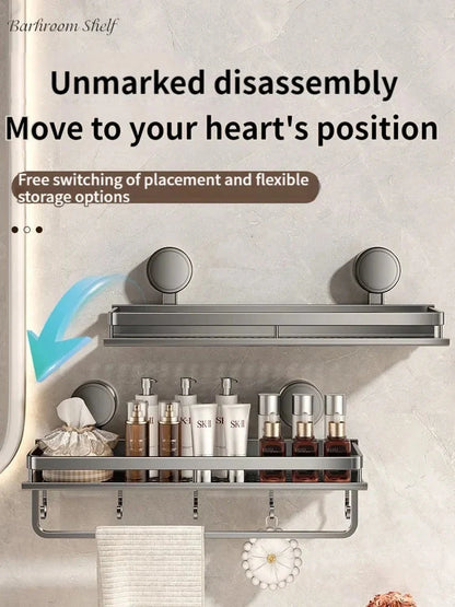 Bathroom Shelf Suction-Cup Aluminum Drain Rack & Hooks