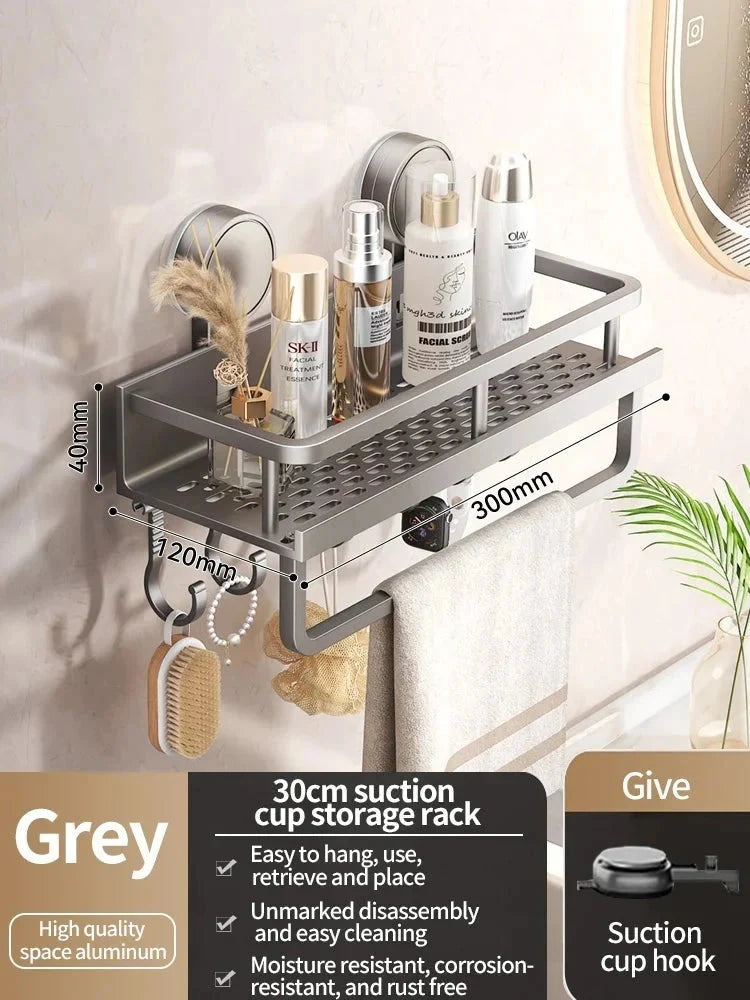 Bathroom Shelf Suction-Cup Aluminum Drain Rack & Hooks