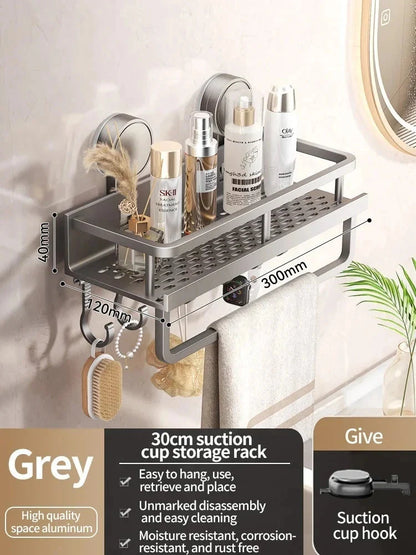 Bathroom Shelf Suction-Cup Aluminum Drain Rack & Hooks