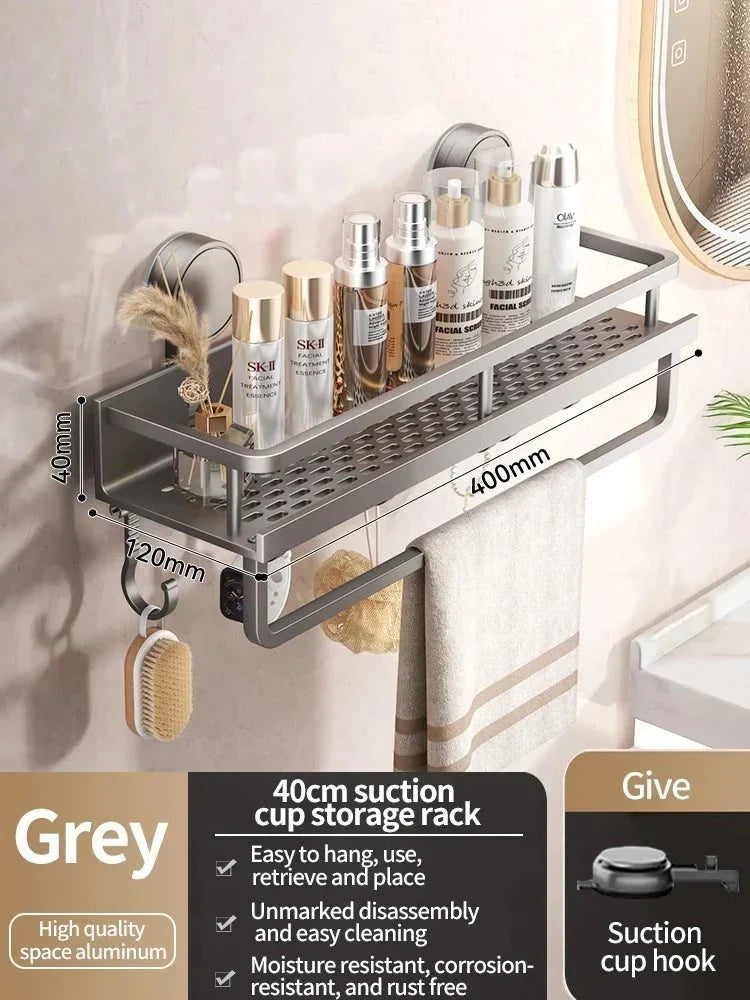 Bathroom Shelf Suction-Cup Aluminum Drain Rack & Hooks