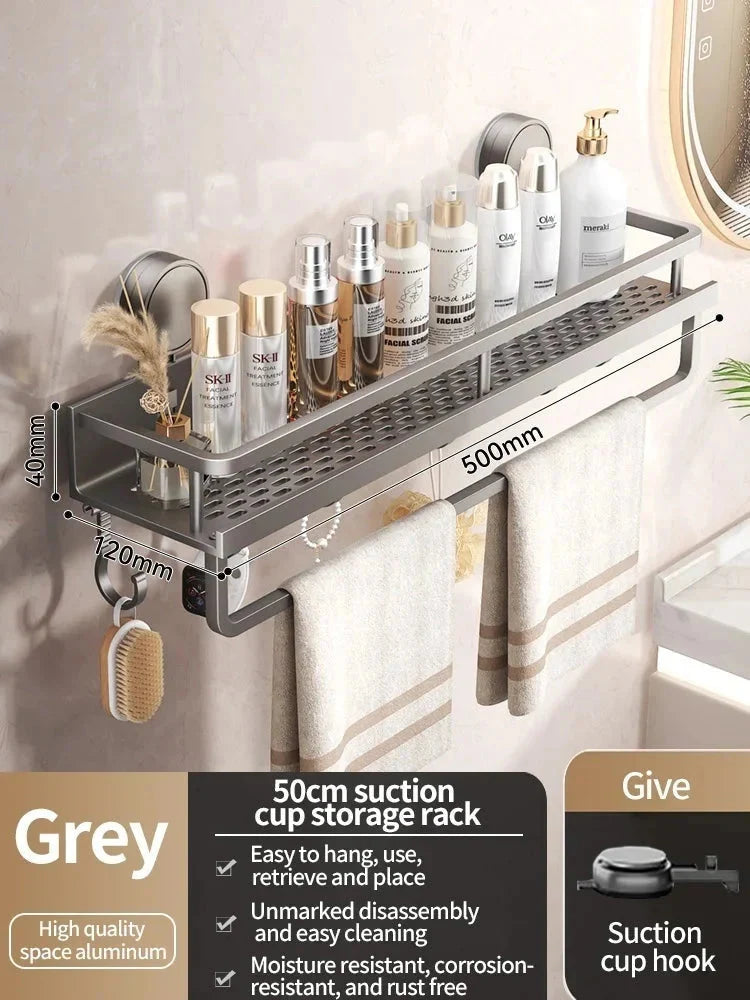 Bathroom Shelf Suction-Cup Aluminum Drain Rack & Hooks