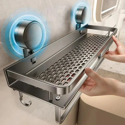 Bathroom Shelf Suction-Cup Aluminum Drain Rack & Hooks