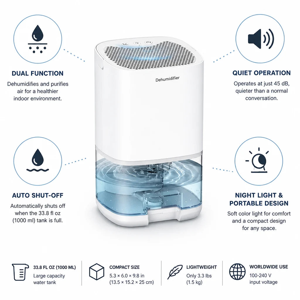 Bedroom Dehumidifier & Air Purifier Quiet Auto Shut-Off