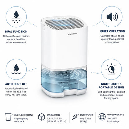 Bedroom Dehumidifier & Air Purifier Quiet Auto Shut-Off