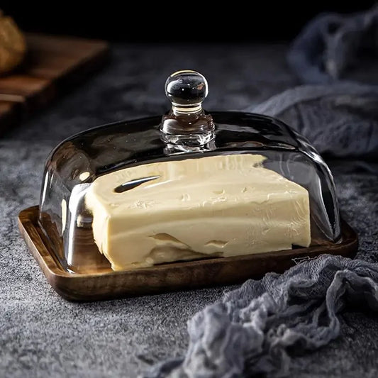 Butter Dish Glass Lid & Natural Wood Base