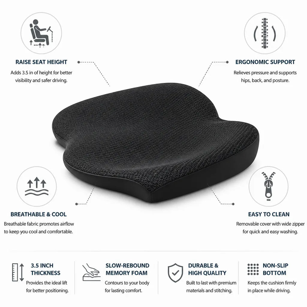Car Seat Cushion Memory Foam Raises Seat 3.5 Inch