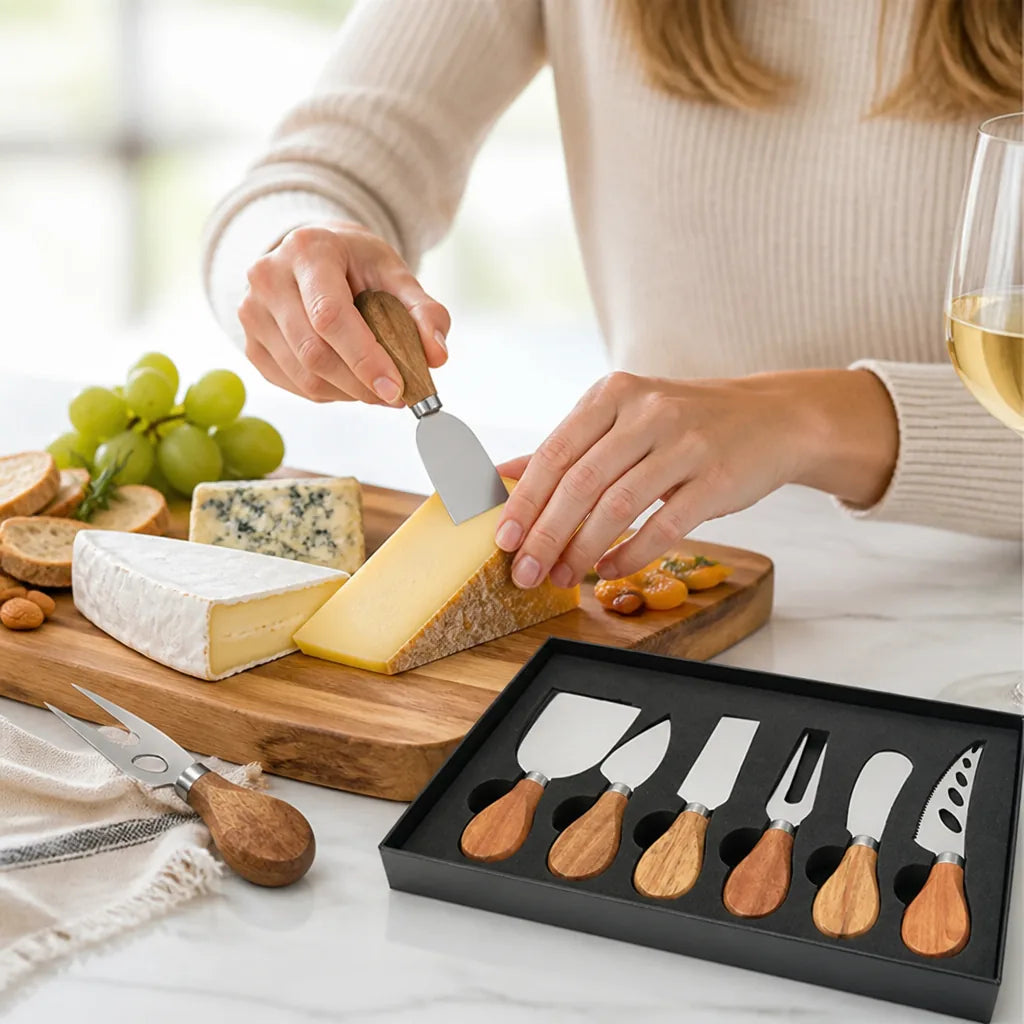 Cheese Knife Set 6 Piece Stainless Steel Acacia Handles