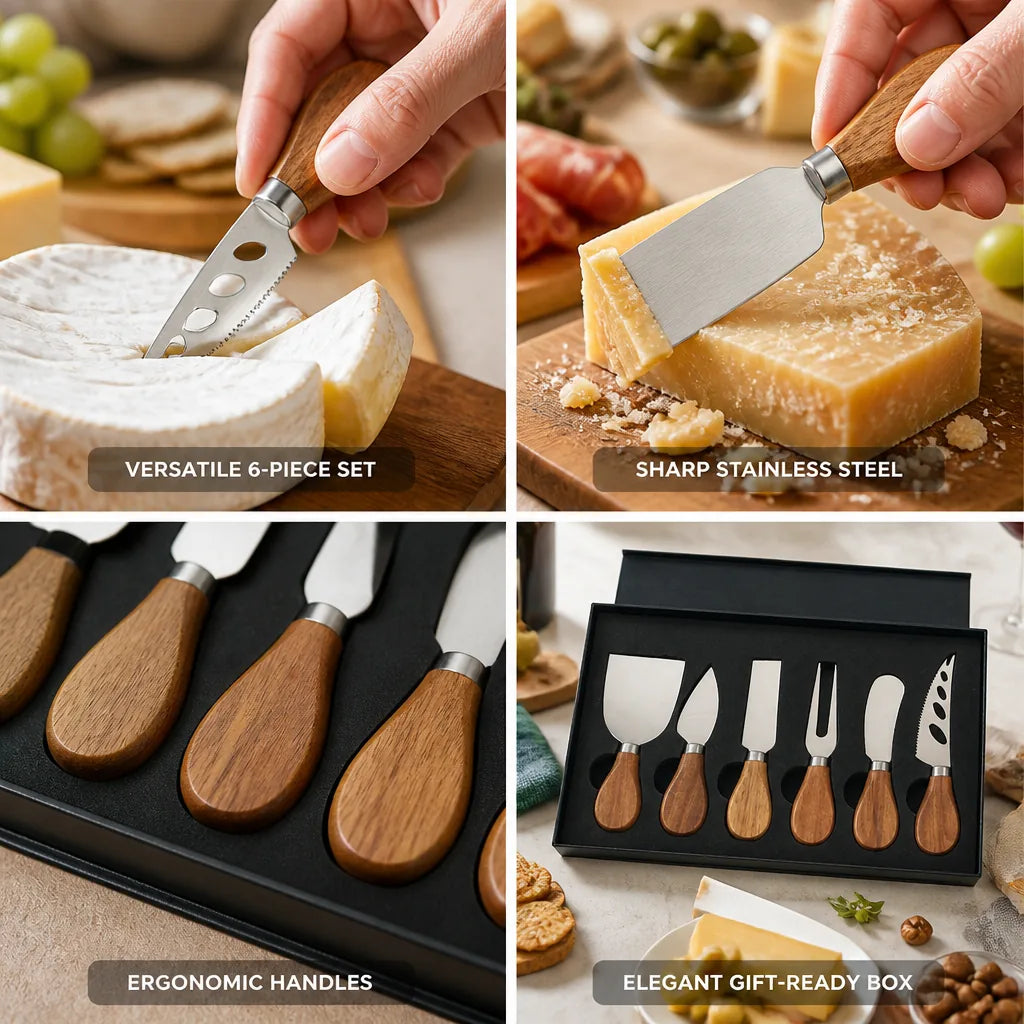 Cheese Knife Set 6 Piece Stainless Steel Acacia Handles