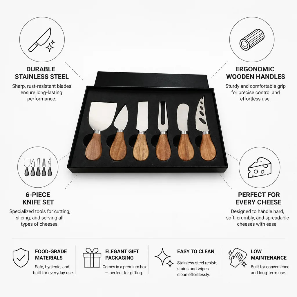 Cheese Knife Set 6 Piece Stainless Steel Acacia Handles