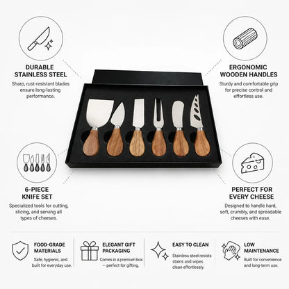 Cheese Knife Set 6 Piece Stainless Steel Acacia Handles