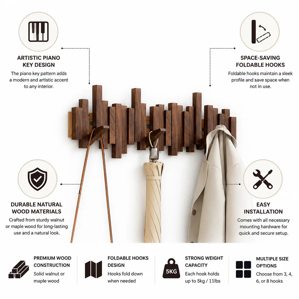 Coat Rack Piano Key Design Walnut & Maple Wood